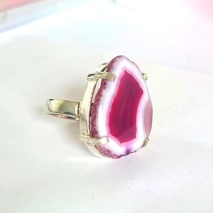 Vintage Boho Large Chunky Pink Purple Agate Gemstone Sterling Silver Ring 8